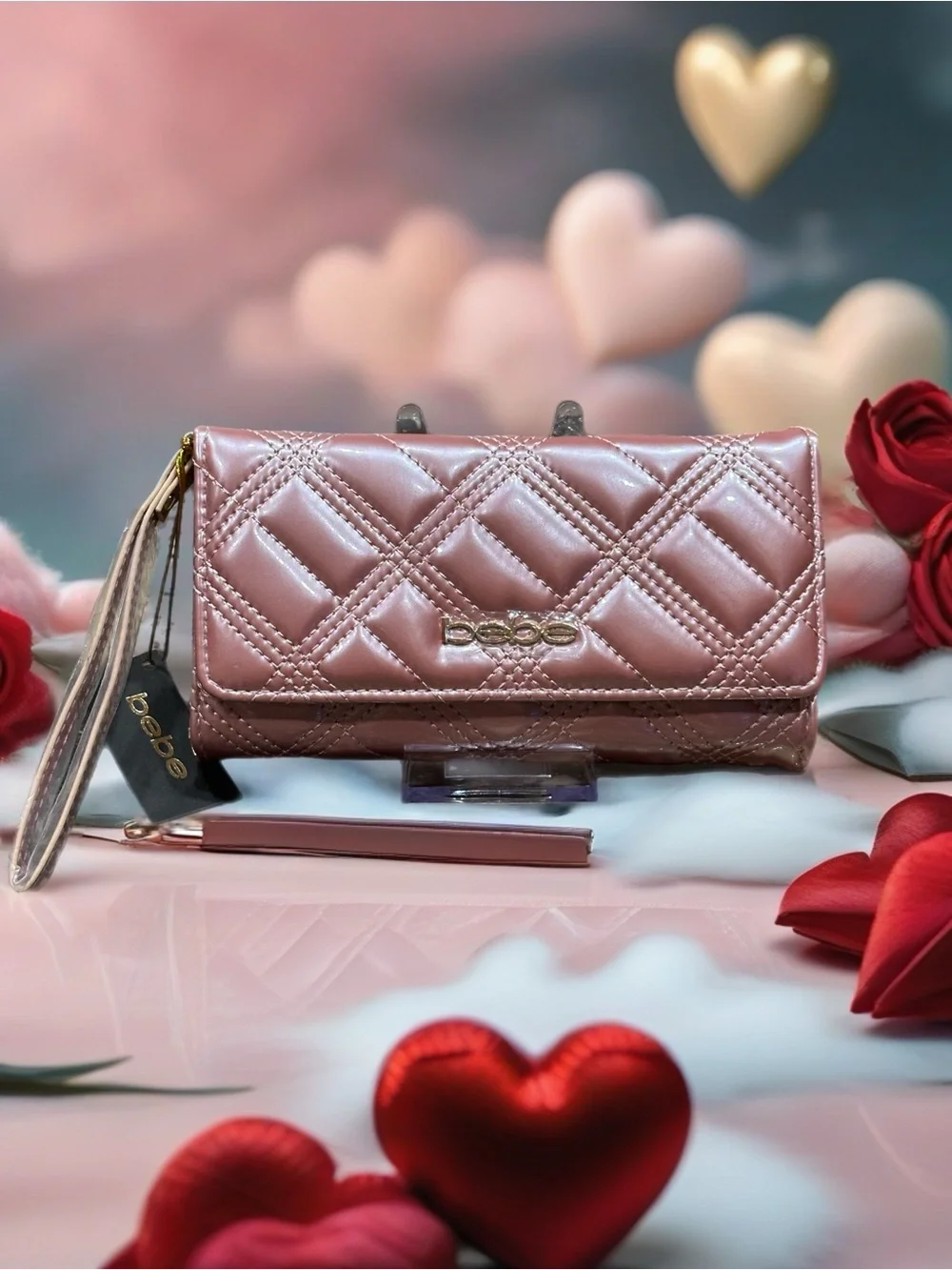 bebe Quilted Metallic Rose Pink Wallet Wristlet